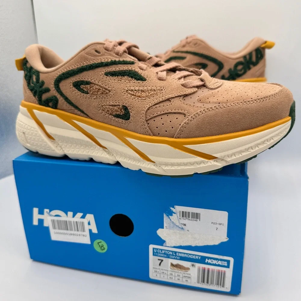 NWT Hoka Clifton L Embroidery UNISEX Shoes Leather Brown Sirrocco Mountain View - Picture 5 of 16